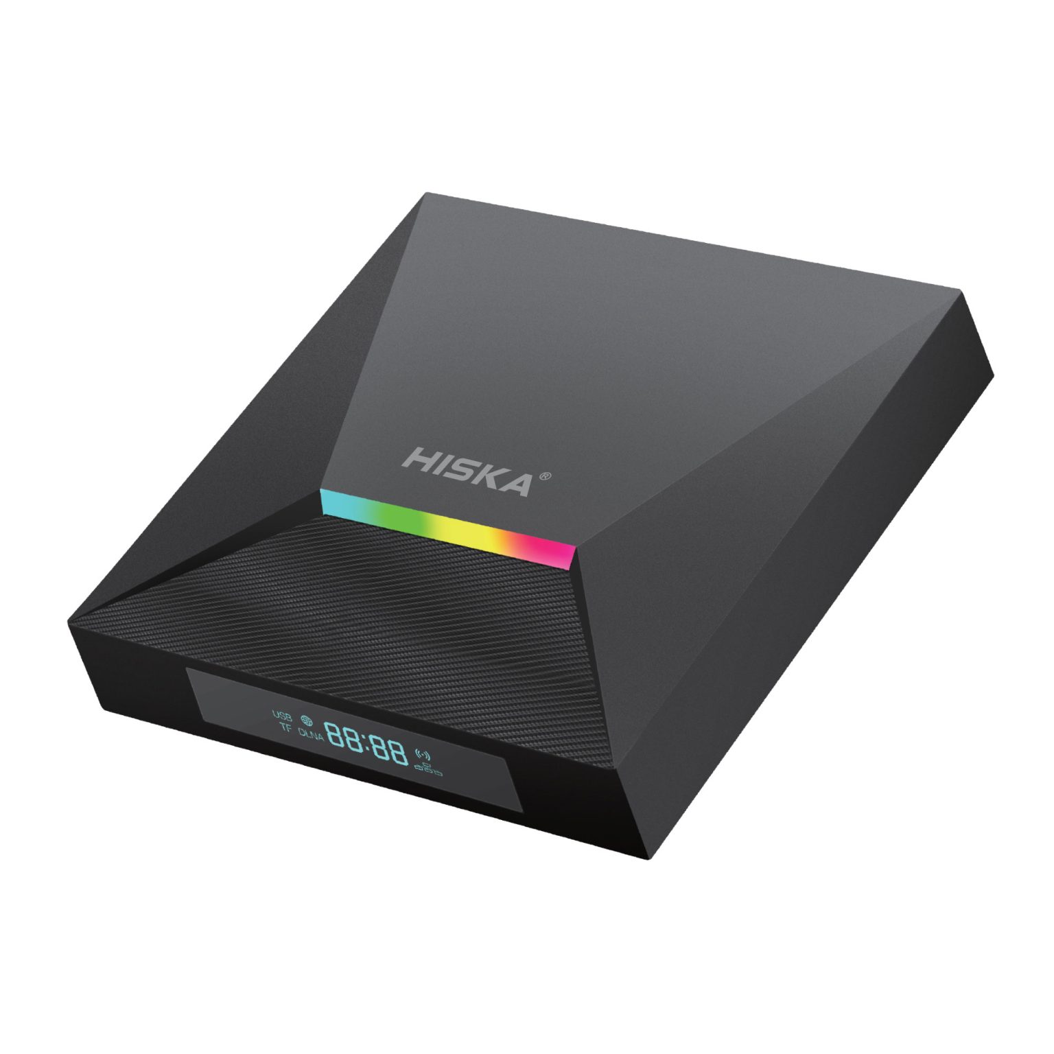 نمایی از اندروید باکس هیسکا مدل A12 با طراحی مدرن و نورپردازی RGB