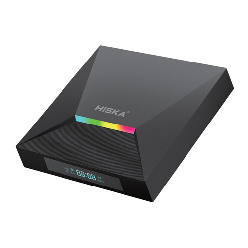 نمایی از اندروید باکس هیسکا مدل A12 با طراحی مدرن و نورپردازی RGB
