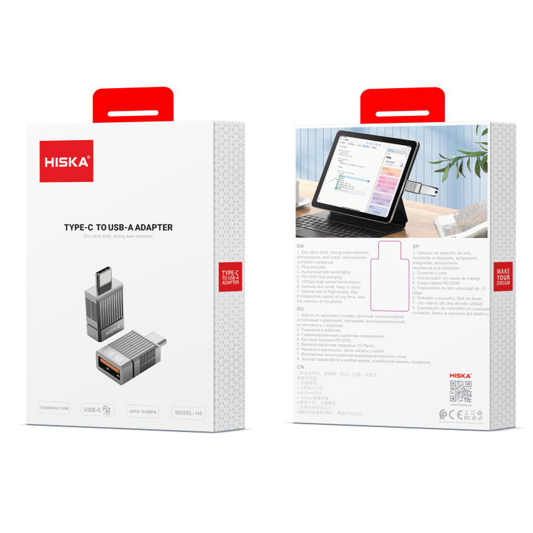 تصویر مبدل USB 3.0 به Type-C هیسکا مدل H6 با بدنه فلزی و طراحی فشرده