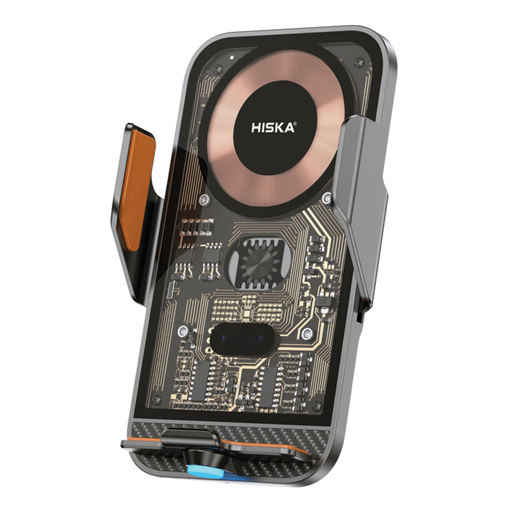 شارژر و پایه نگهدارنده بیسیم هیسکا مدل HK-2351W با طراحی شفاف، سنسور هوشمند و توان شارژ ۱۵ وات