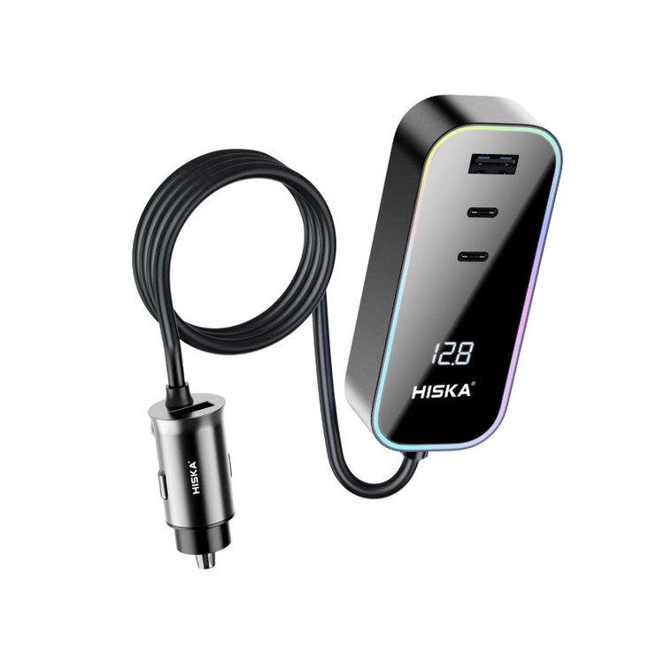 جعبه شارژر فندکی HISKA مدل HCC-328 با طراحی مدرن، نمایشگر دیجیتال و نور RGB، دارای ۴ پورت خروجی و توان ۱۲۰ وات.