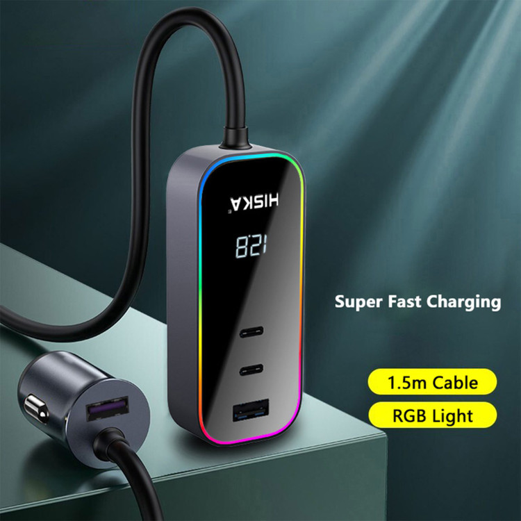 جعبه شارژر فندکی HISKA مدل HCC-328 با طراحی مدرن، نمایشگر دیجیتال و نور RGB، دارای ۴ پورت خروجی و توان ۱۲۰ وات.