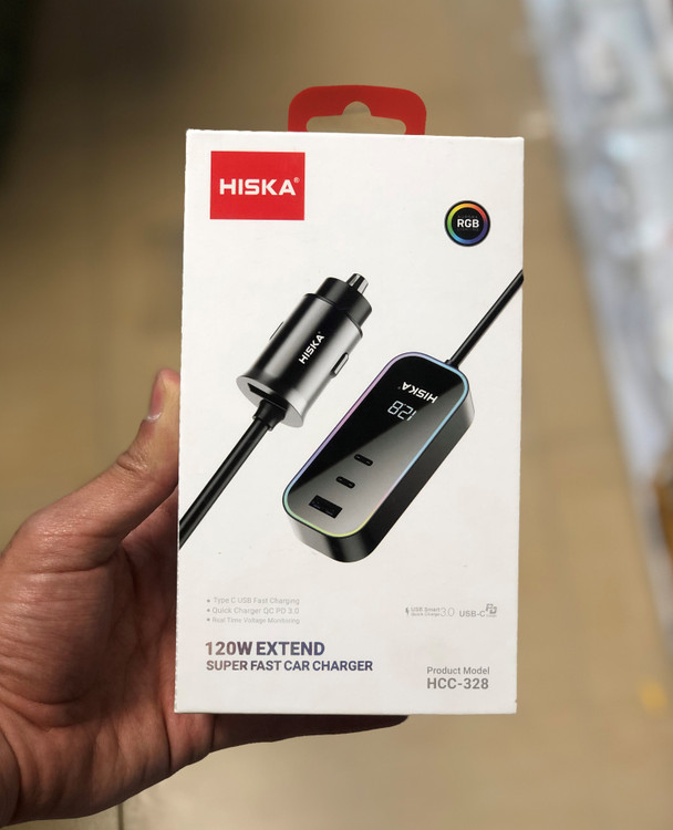 جعبه شارژر فندکی HISKA مدل HCC-328 با طراحی مدرن، نمایشگر دیجیتال و نور RGB، دارای ۴ پورت خروجی و توان ۱۲۰ وات.