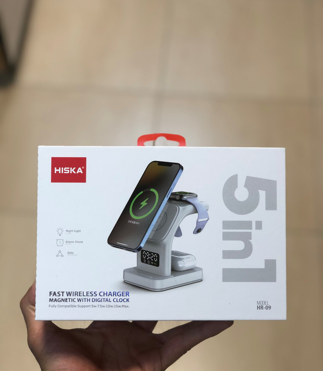 خرید شارژر بیسیم چندکاره HISKA HR-09 | شارژ سریع ۳ در ۱ با ساعت دیجیتال و چراغ LED