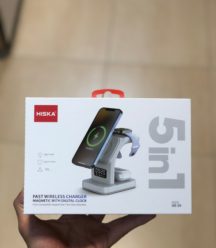 خرید شارژر بیسیم چندکاره HISKA HR-09 | شارژ سریع ۳ در ۱ با ساعت دیجیتال و چراغ LED