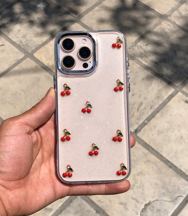 قاب گوشی شفاف گیلاس شاین Shiny Cherry با طرح گیلاسهای فلزی براق