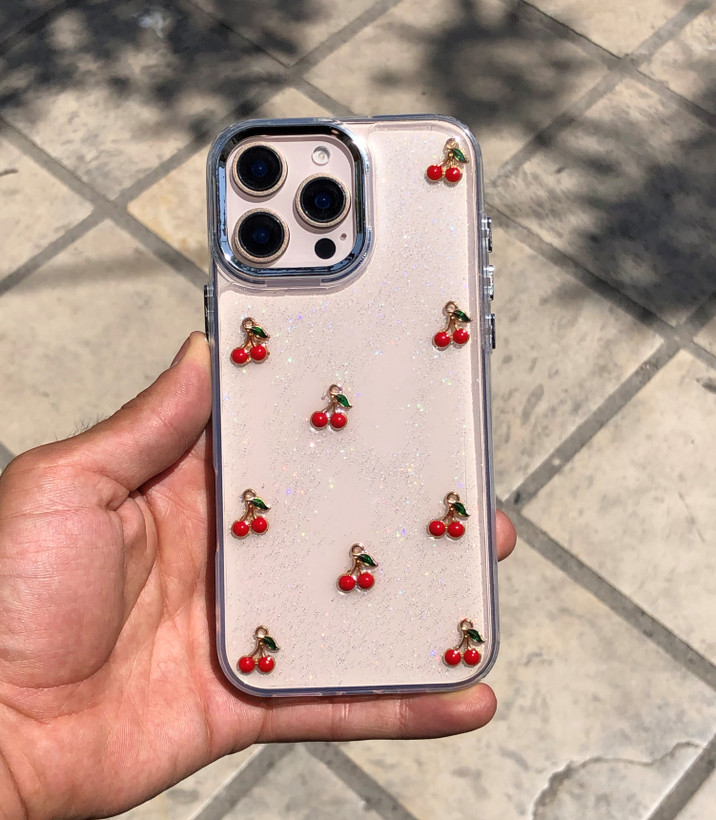 قاب گوشی شفاف گیلاس شاین Shiny Cherry با طرح گیلاسهای فلزی براق