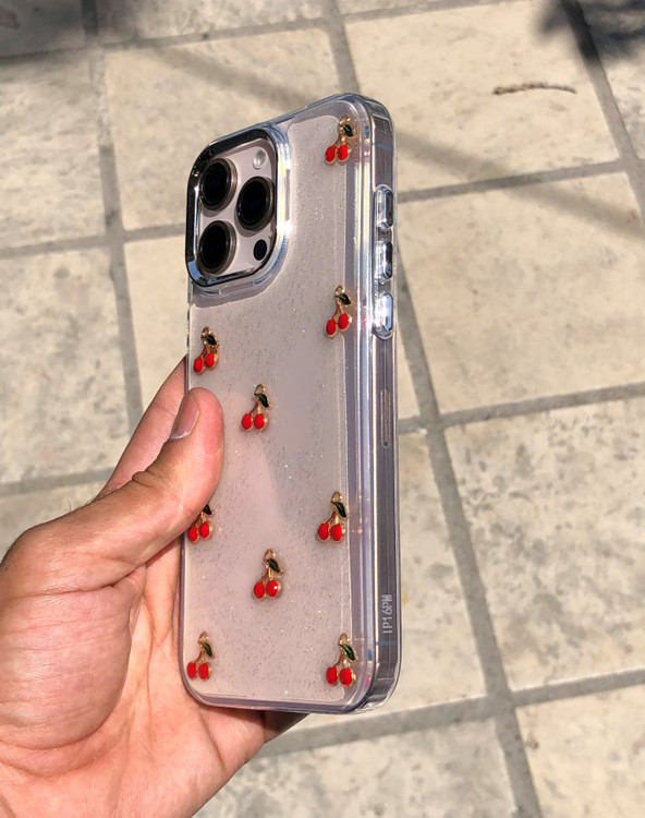 قاب گوشی شفاف گیلاس شاین Shiny Cherry با طرح گیلاسهای فلزی براق