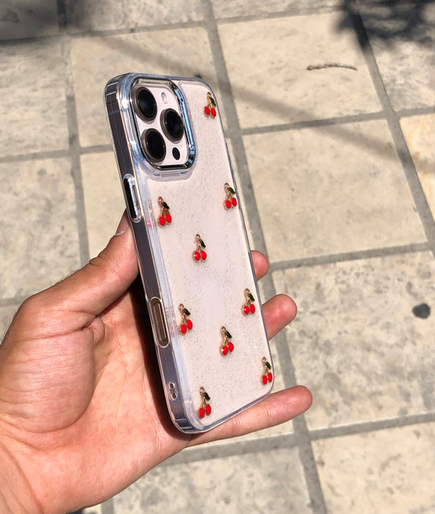 قاب گوشی شفاف گیلاس شاین Shiny Cherry با طرح گیلاسهای فلزی براق