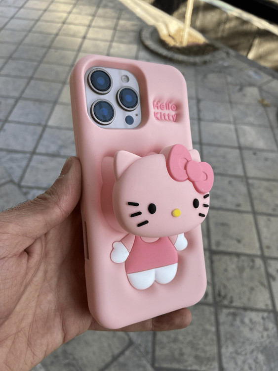 قاب عروسکی کیتی صورتی سیلیکونی با طراحی سهبعدی و استند فانتزی برای محافظت و زیبایی گوشی