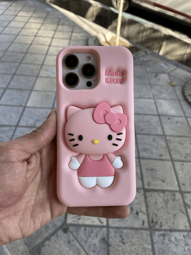 قاب عروسکی کیتی صورتی سیلیکونی با طراحی سهبعدی و استند فانتزی برای محافظت و زیبایی گوشی